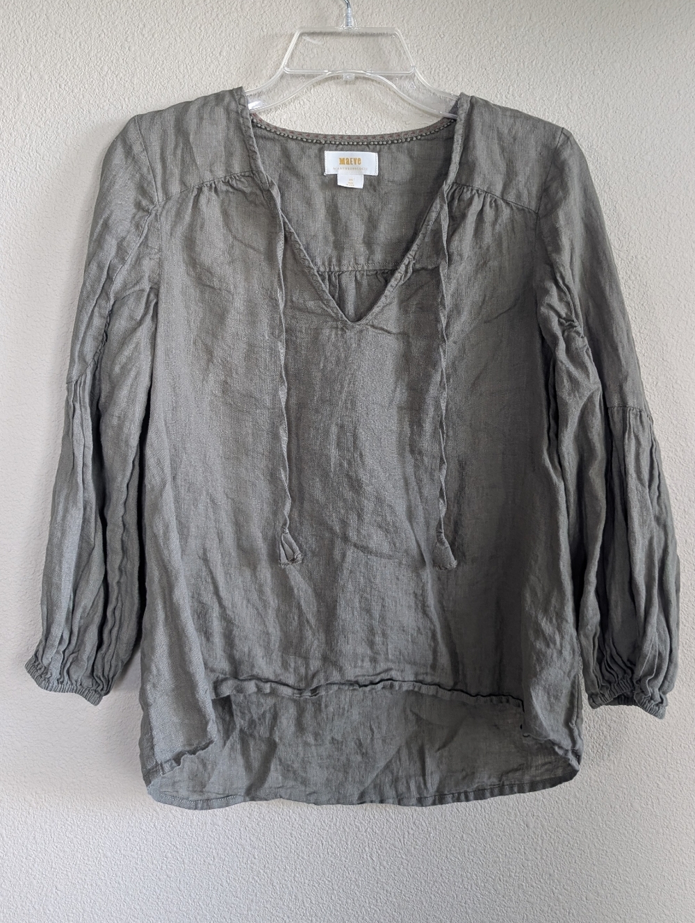 Maeve Army Green Size  XS Linen V-Neck Peasant Blouse